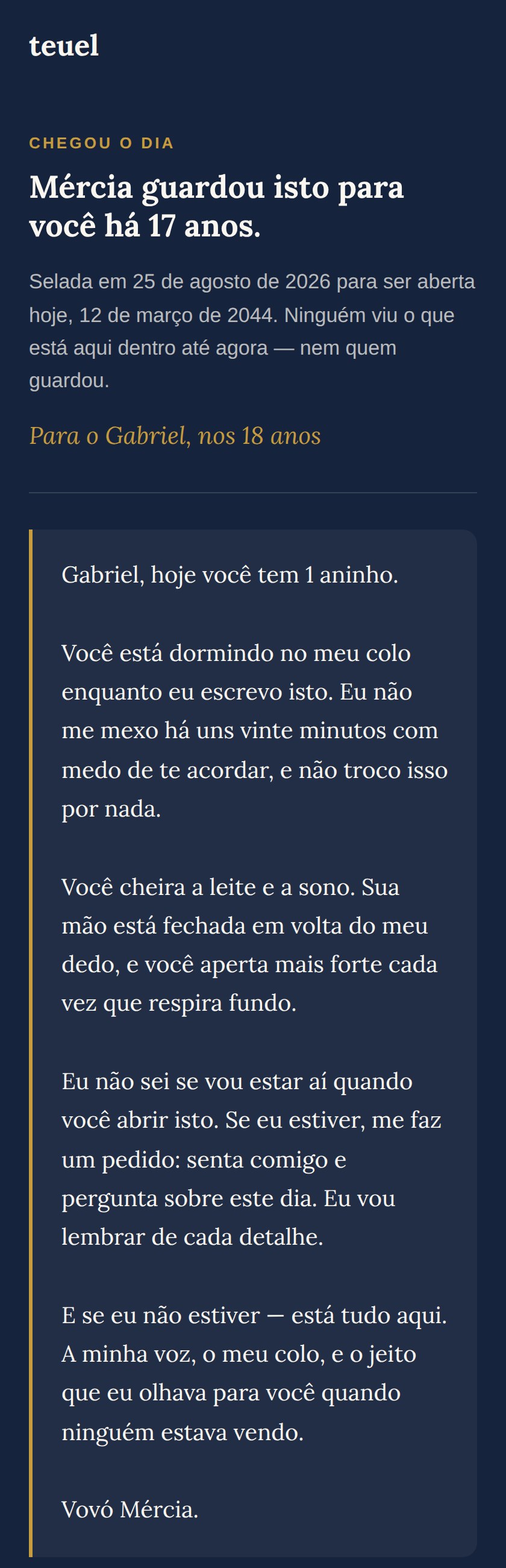 A cápsula aberta: Mércia guardou isto para você há 17 anos, com a carta escrita para o Gabriel quando ele tinha 1 ano