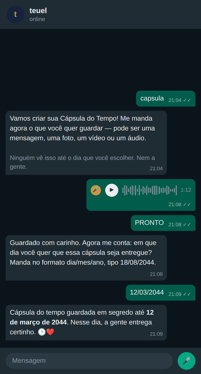 Conversa no WhatsApp: a pessoa grava um áudio, escreve PRONTO e escolhe 12 de março de 2044 como data de entrega
