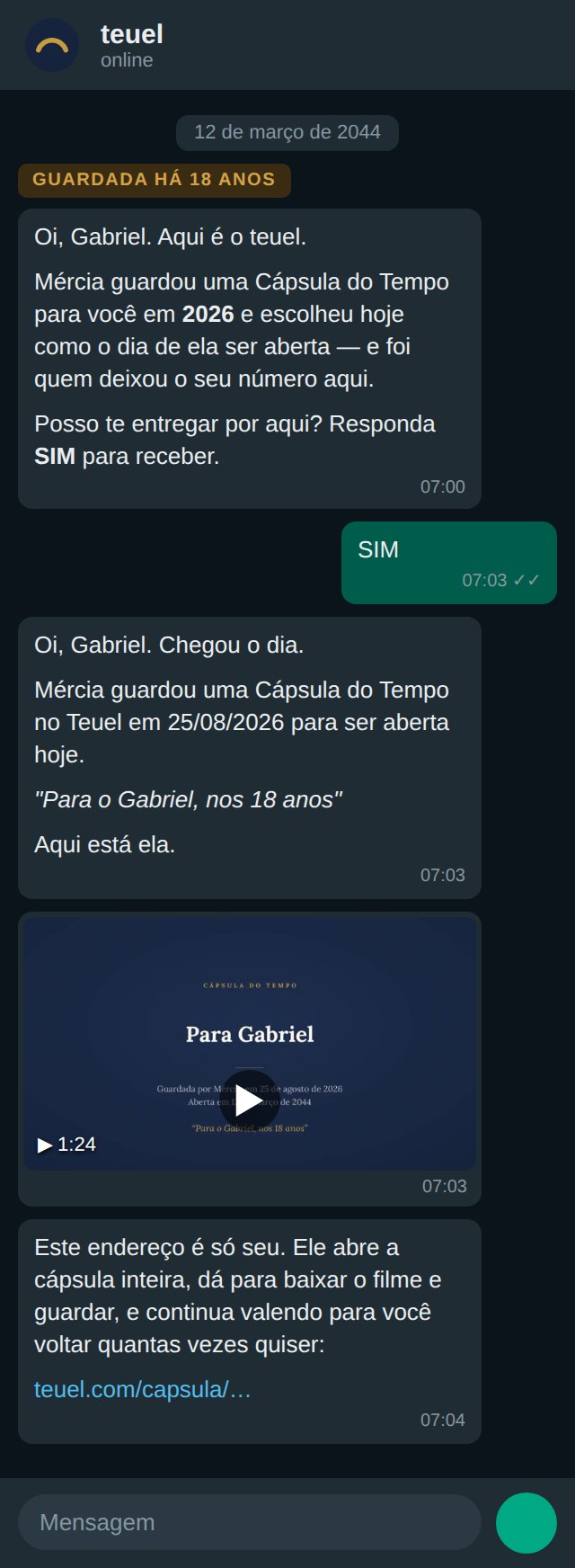 Conversa no WhatsApp com a Cápsula do Tempo chegando no dia marcado