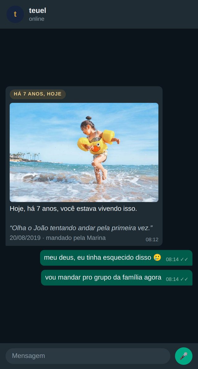 A lembrança chegando no WhatsApp: hoje, há sete anos, você estava vivendo isso