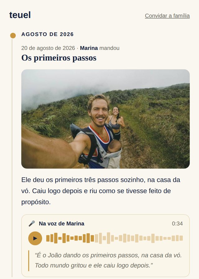 A linha do tempo do teuel: a foto com a data, quem mandou, a história escrita e o áudio com a transcrição